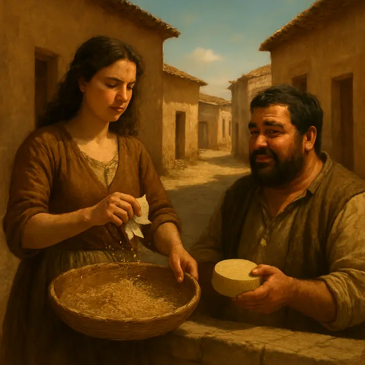 A peasant woman — the object of Don Quixote’s devotion — stands in a sunlit yard winnowing wheat, tearing a folded letter into scraps and thrusting a rustic round of sheep’s-milk cheese over a low wall to Sancho; Sancho receives it with awkward gratitude while the woman returns to her work without ceremony. The homely, earthy gestures undercut the knightly expectations, making the moment both comic and tender.
