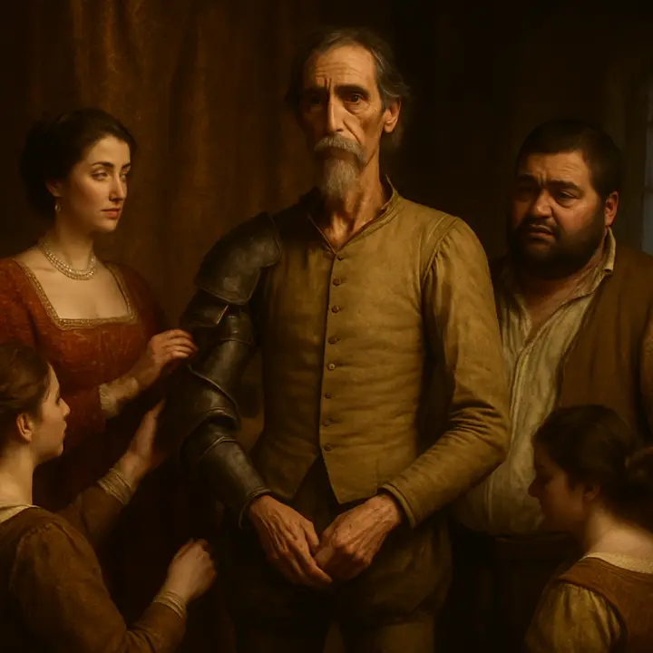 A chamber hung with cloth of gold: six damsels strip away Don Quixote’s battered armour to reveal a lanky, hollow-cheeked figure in tight breeches and a chamois doublet, an image equal parts noble and ridiculous. Sancho, sheepish and proud, is allowed to wear the shirt; Don Quixote reproves him sharply, fighting to preserve decorum as suppressed laughter trembles at the edges of the room.
