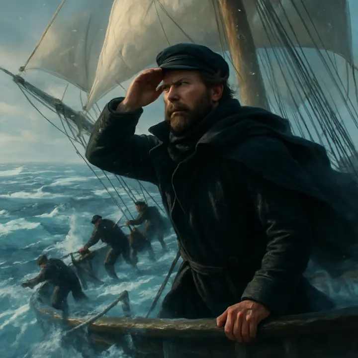 A brig forcing its way through fields of floating ice as shards scrape the hull; sailors strain at the rigging while sheets of ice drift past under a pale summer Arctic light. Robert Walton stands on the quarterdeck, cloak whipping and hand shading his eyes, scanning the frozen horizon with confident determination.