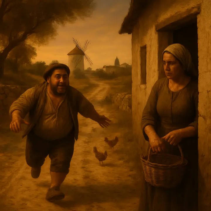 Sancho bursts toward the village, bright‑eyed and grinning, halting only as Teresa spies him from a distance; she stands in the lane with a basket, alarmed and curious as his joy radiates across the road. Cottages and a low stone wall frame them, a few chickens scattering as he approaches with exaggerated haste, announcing his news.