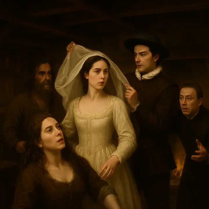 The silent lady cries out and, in one explosive instant, both veils fall: Luscinda’s pale, marvellous face revealed as she springs up, and the veiled gentleman’s mask drops to show Don Fernando; Cardenio in the crowd gasps, Dorotea swoons and is caught by the barber while the priest rushes in to revive her. The room erupts into stunned motion—hands reaching, mouths open, eyes fixed on the unveiled lovers.