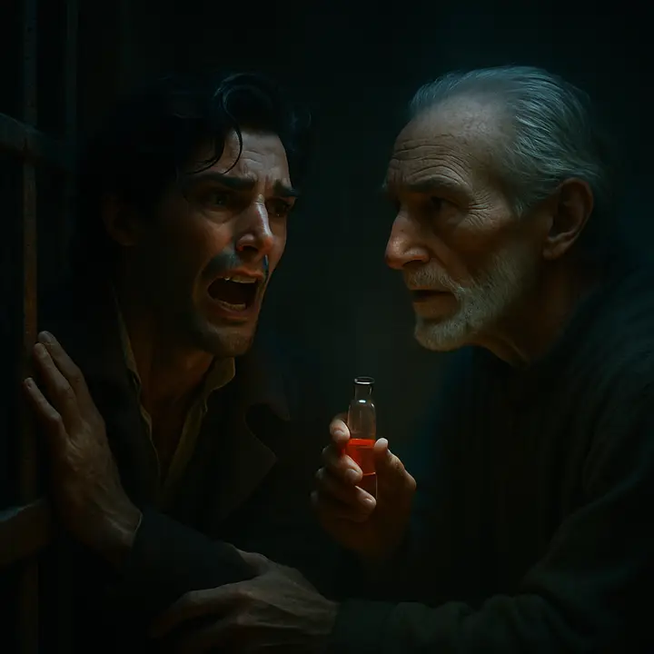 Abbé Faria, pale and trembling, speaks with resigned clarity while Edmond Dantès, frantic and grief-stricken, rushes to the door crying for help. Faria gently restrains him, produces a phial of red liquid, and urges calm counsel about making Dantès' captivity supportable or his escape possible as the old man's body yields to deadly chills.