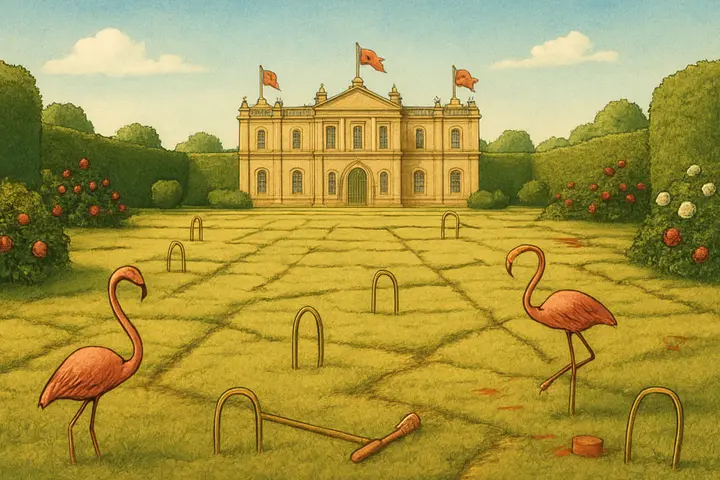 A broad sweep of the croquet lawn: furrowed, rutted turf forms an absurd, interrupted grid; crooked heart‑shaped hoops stand at odd angles across the field, and flamingo mallets lie draped over low branches or jut into the grass like discarded staffs. At the far edge the palace façade looms, pennants bearing hearts snapping in the breeze, while trampled flowerbeds and scattered paint tins hint at recent chaos without a soul in sight.