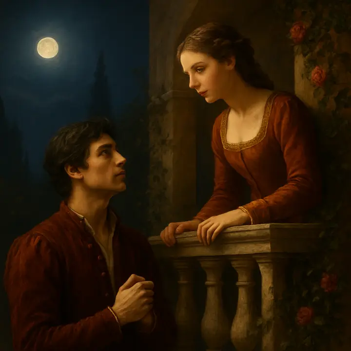 Under a moonlit balcony in the Capulet orchard, Romeo stands in the garden below while Juliet leans over the stone balustrade; their voices tremble as they exchange vows, plan marriage, and risk everything with stolen promises. The night is intimate and suspended, every whisper a defiance of the family feud.