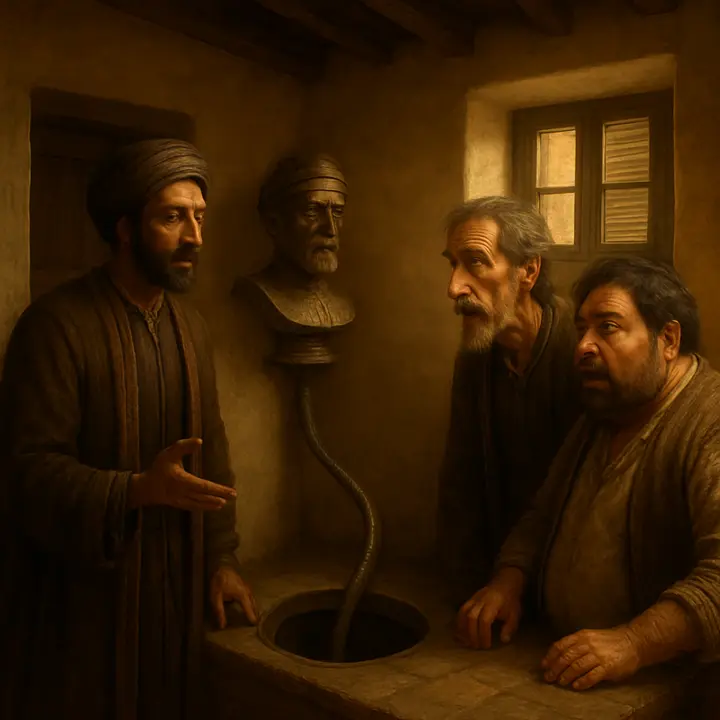 The trick is dramatically exposed: a cross-section-like reveal shows a tin speaking tube running from the hollow bust down to a secret chamber where a concealed voice was produced. Cide Hamete Benengeli stands by as the mechanism is demonstrated, while Don Quixote and Sancho react—one incredulous and convinced of enchantment, the other bewildered.