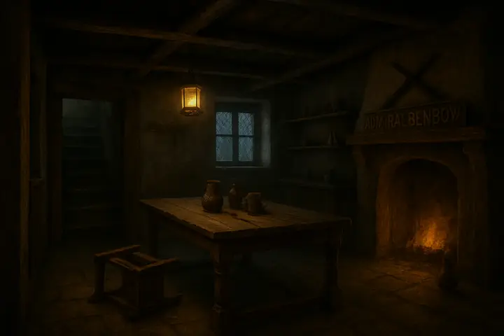 A dim parlour lit by a sputtering hearth and a single lamp: a heavy wooden table scarred by tankards, a pipe and an overturned chair, with soot‑stained walls and a shadowed staircase leading upstairs where a locked sea‑chest might lie. Smoke curls in the rafters and the room feels too small for its talk, every surface bearing the stain of long habitation and low company.