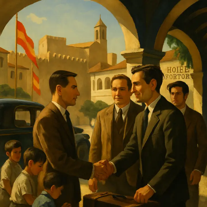 The car rolls into the hot square before the Hotel Montoya; boys crowd around, flags droop in the heat, and the white concrete bull‑ring looms in the bright sun. Montoya greets them enthusiastically under the arcade, helping with the bags while shade promises relief from the plateau's glare.