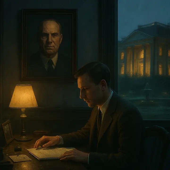 Nick alone in a hushed room of Gatsby's house, rifling through a desk; his hand pauses as an austere portrait of Dan Cody looks down from the wall, the only thing that seems to answer for the absent man. Papers and small personal relics are lit by a single lamp, making the room feel like a private shrine invaded by practical obligations.