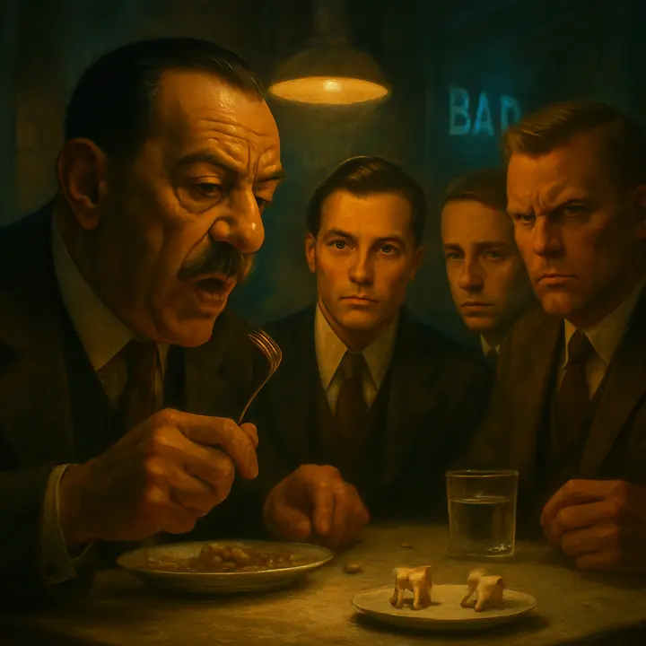 A cramped Forty‑second Street cellar: Meyer Wolfsheim sits small and intense, nostrils quivering as he recounts a vicious memory, delicately eating with ferocious appetite. He produces grotesque cuff buttons of carved human ivory while Gatsby watches uneasily; a strained introduction to Tom Buchanan ends with Gatsby slipping away, the table charged with unsaid things.