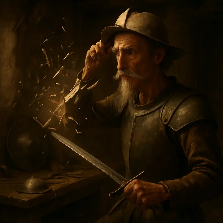 In the dusty armour corner the old morion sits on a workbench while Don Quixote, determined and ridiculous, fits a crude pasteboard half-helmet atop it; he draws his sword and with a theatrical strike the pasteboard explodes into splinters, startling him, then he hammers crude iron bars into the interior with gritty resolve. Tools, rusted plates, and cobwebs fly as the improvised helmet becomes a solemn, absurd relic of his new vocation.
