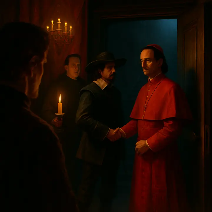A narrow secret stair yawns open into shadow as Bernouin lights a single candle and Mazarin, in musketeer garb, and d'Artagnan exchange measured bows; the two figures are framed in the doorway, their faces half-lit and full of mutual calculation. D'Artagnan's confident stance contrasts with the Cardinal’s cold cunning as the key turns and they descend together into the shadowed court, the candle flame guttering against the stone. The moment is charged with conspiracy and the hush before action.