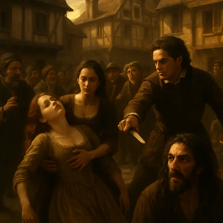 A public scene of chaos at Luscinda’s betrothal: a bride collapses, a paper and dagger are found in her bodice alleging dishonour, Don Fernando lunges as if to stab, and murmurs and accusation flood the square. Cardenio, present and shattered, looks on with paralyzing despair as the town's gossip begins to spread like wildfire.