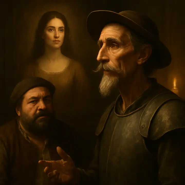 Quixote paints a dreamy picture of Dulcinea's hidden palace in El Toboso and vows ceaseless tears until her enchantment is broken; his vision of an exalted lady floats like a mirage behind him. Sancho stands between belief and blunt practicalness, caught between the court's laughter and his master's sorrow.