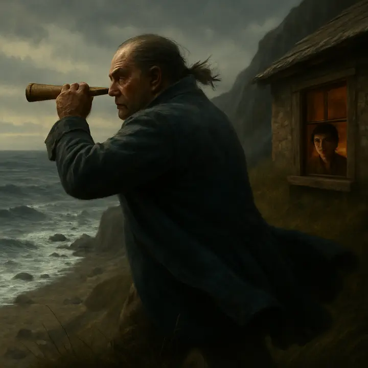 On the cliff above the cove the old seaman squints through a brass telescope, hunched against the wind, coat flapping and one hand curled on the instrument as he scans the road and sea for a one‑legged figure. Below him the grey surf and jagged rocks frame his solitary, suspicious silhouette while a small boy at a cottage window watches with anxious fascination.
