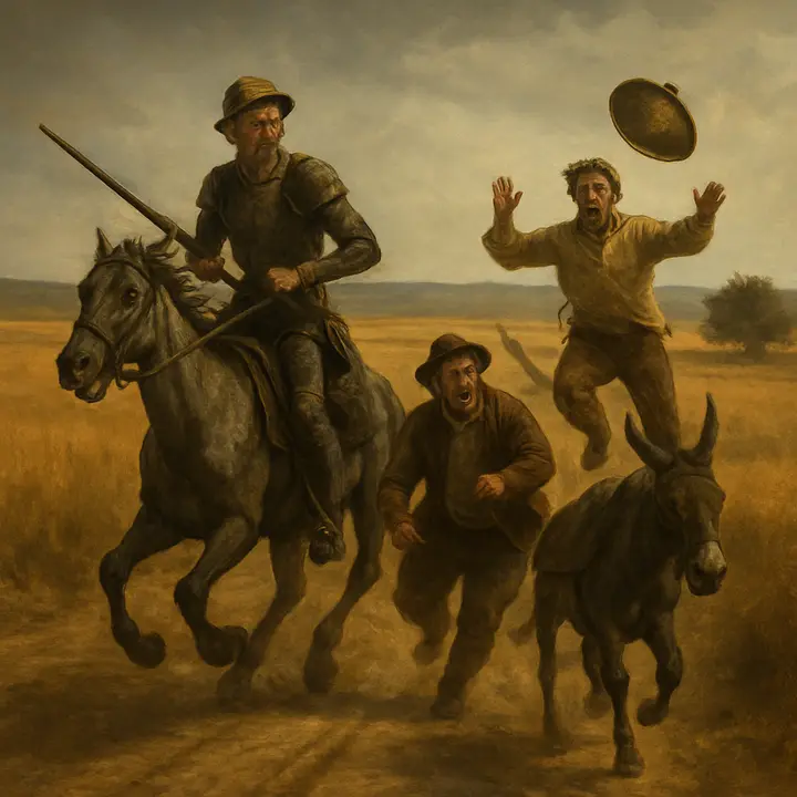 Don Quixote spots a distant rider with what flashes like a golden helmet and, convinced it is Mambrino's casque, lowers lance and charges; the supposed knight is actually a barber atop a grey ass with a brass basin perched on his head. Capture the instant the barber screams, drops the basin, and leaps from the pack animal, while Rocinante rears and Sancho watches aghast as chaos erupts across the plain.