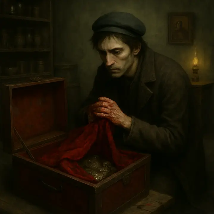 An arched red-leather strongbox under the bed is forced open; a red brocade coat lined with hareskin spills out and Rodion, hands flecked with blood, wipes them on the coat as a gold watch and a scatter of jewelry tumble into the lamplit gloom. The red fabrics, the gleam of metal and his frantic, greedy movements create a feverish, sordid still life.