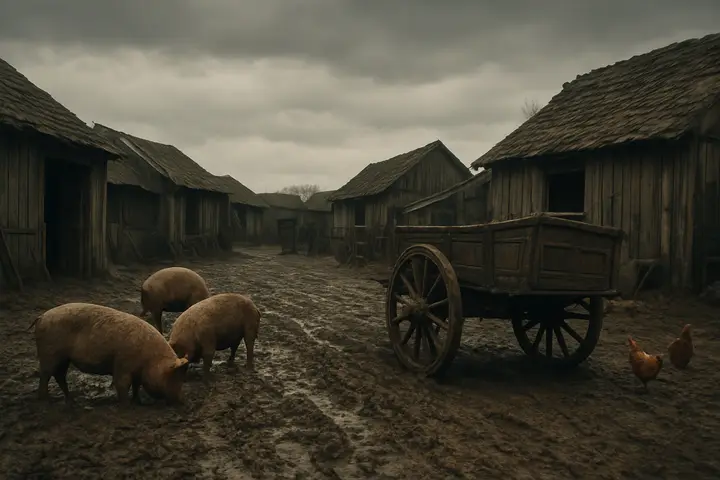 A sloping, mud-churned farmyard ringed with low, sagging outhouses and a row of rustic carts splattered with thick mire; pigs root at the ruts and hens roost on beams under a flat, leaden sky. One cart, its wheels crusted with clay, sits ready as if set aside for a long journey, the air smelling of damp straw and iron.