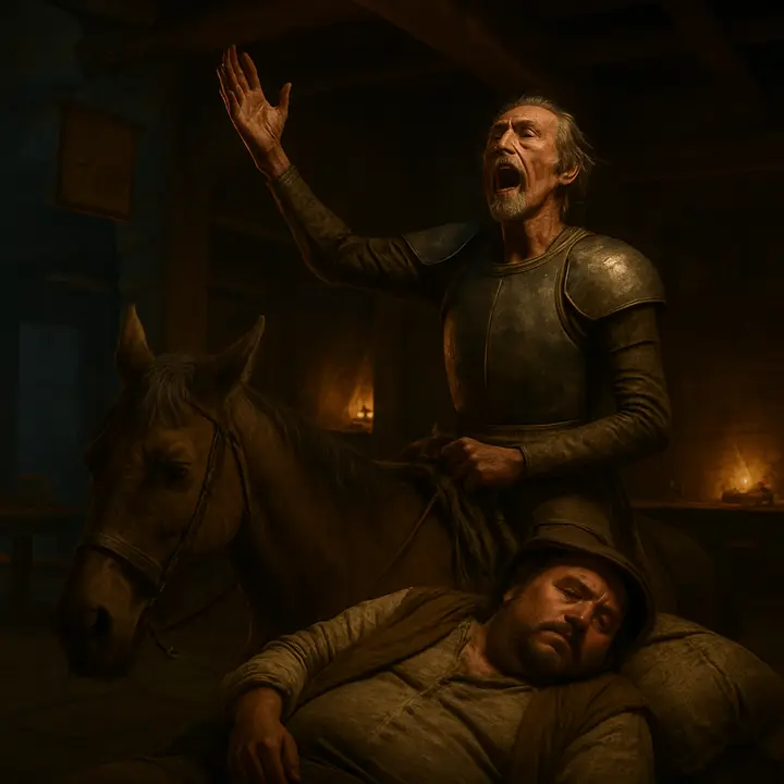 Don Quixote draped over the immobile Rocinante, convinced of enchantment: he bellows and laments, invoking legendary swords and sorceresses while Sancho lies half-asleep stretched on the ass’s pack-saddle. The moon casts a cold light on the absurd, tragicomic figure—noble posture collapsed into raw, theatrical despair.