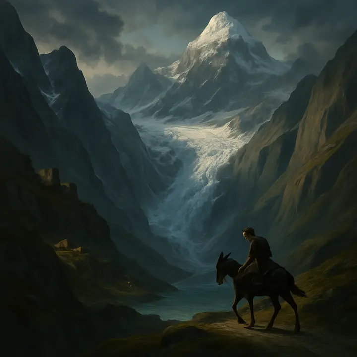 Victor riding into the ravine of the Arve toward Chamounix, mountains closing like cathedrals: immense precipices, thundering glaciers and the towering dome of Mont Blanc crowned with smoking avalanches. He is a small, frantic figure on a mule, sometimes flung on the grass to weep, sometimes spurring the beast onward as sublime, terrifying nature seems to contain and mock his grief. Ruined castles and tiny cottages dot the cliffs beneath looming, snow‑pyramided summits.