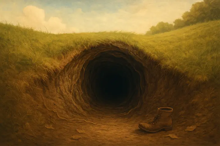 A rutted, oval mouth sunk into a sunlit bank of lawn, the grass fraying at its edges and soil darkening into a steep, root-lined chute. The tunnel yawns away into shadow, its sides mottled with exposed roots and ribbed earth, a thin ribbon of daylight shrinking overhead. Loose leaves and a single overturned boot lie forgotten near the lip, suggesting abrupt departure.
