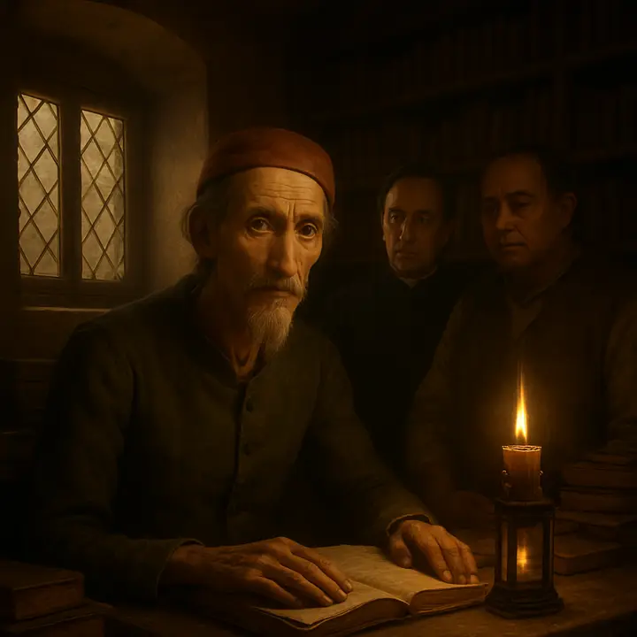 Don Quixote sits propped up in bed in Don Quixote's library / bedroom, gaunt and mummy‑like in a green baize waistcoat and a red Toledo cap, yet receiving his visitors with courtly dignity. The Priest and The Barber hover nearby, relieved and watchful, taking in the surprising lucidity of his speech. 