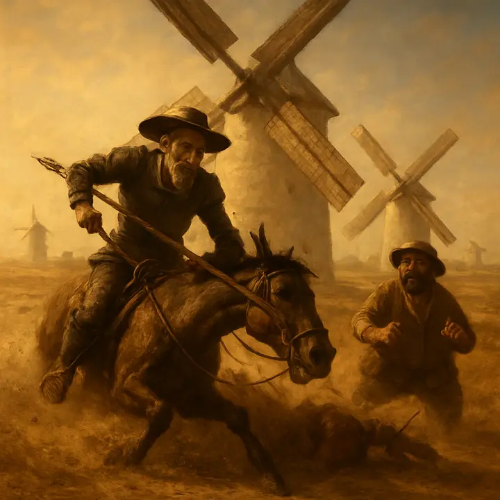 A rapt Don Quixote, lance leveled, charges a line of towering windmills whose white sails cut the sky like vast arms; Sancho Panza watches aghast as a sail snaps the lance and horse and rider are hurled in a tumble of dust. Fragments of wood scatter and Rocinante lies half atop his master while the windmills turn indifferent under a blinding plain-light.