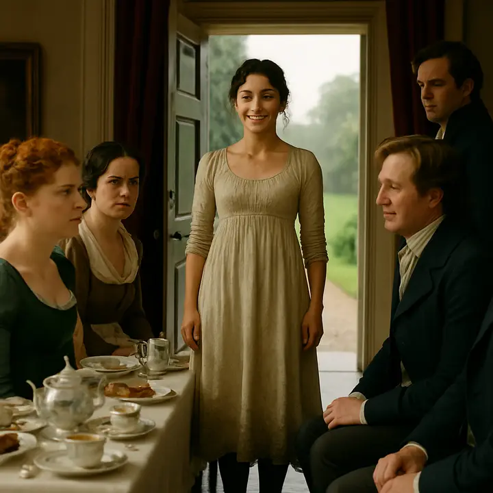Elizabeth stands in the doorway of Netherfield, rain-streaked and muddy with dirty stockings and a flushed face from the walk, while the polished breakfast party — Caroline Bingley and Mrs. Hurst in silks, Mr. Hurst indifferent, Mr. Bingley kindly — look up in surprise. Mr. Darcy watches her with a conflicted, admiring glance that contrasts sharply with the hostesses' barely concealed contempt.