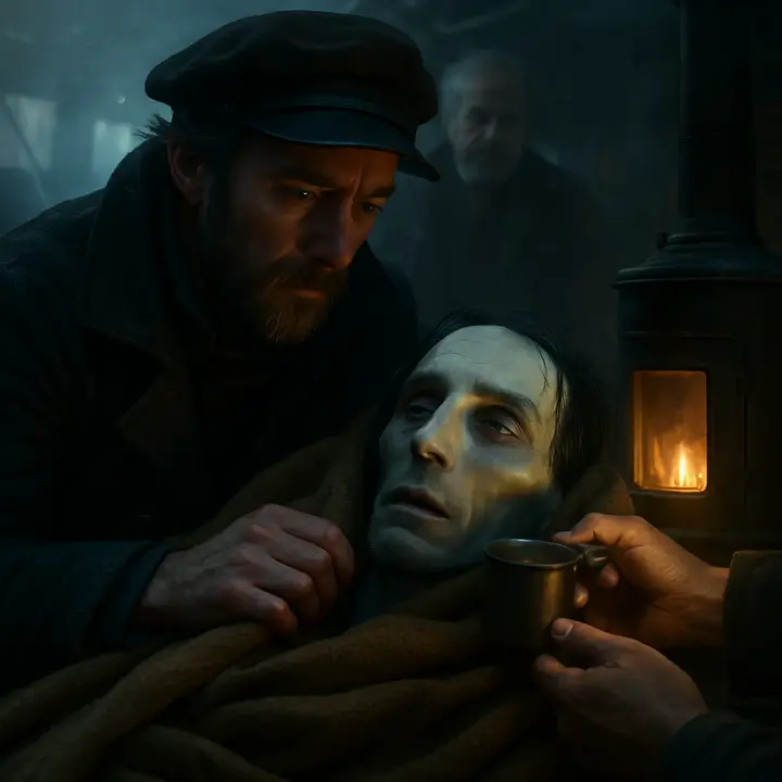A broken sledge has drifted close to the ship on a floe; one dog lies dead, the other whines, and sailors lean over as a barely-living European is helped aboard. The rescued man is emaciated and semi-frozen — skin blue-tinged, eyes wild — and Walton wraps him in blankets as someone forces brandy into his lips and lays him near the kitchen stove.