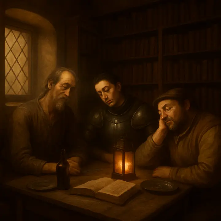 By lamplight the bachelor has stayed; a modest table bears two young pigeons and empty bottles as Don Quixote, Samson and a returned Sancho eat, drink and lapse into a wine-heavy reverie. The three men slump into an afternoon sleep full of chivalric dreams, the lamp casting deep amber pools as the room hums with lingering laughter and earnest fantasies.
