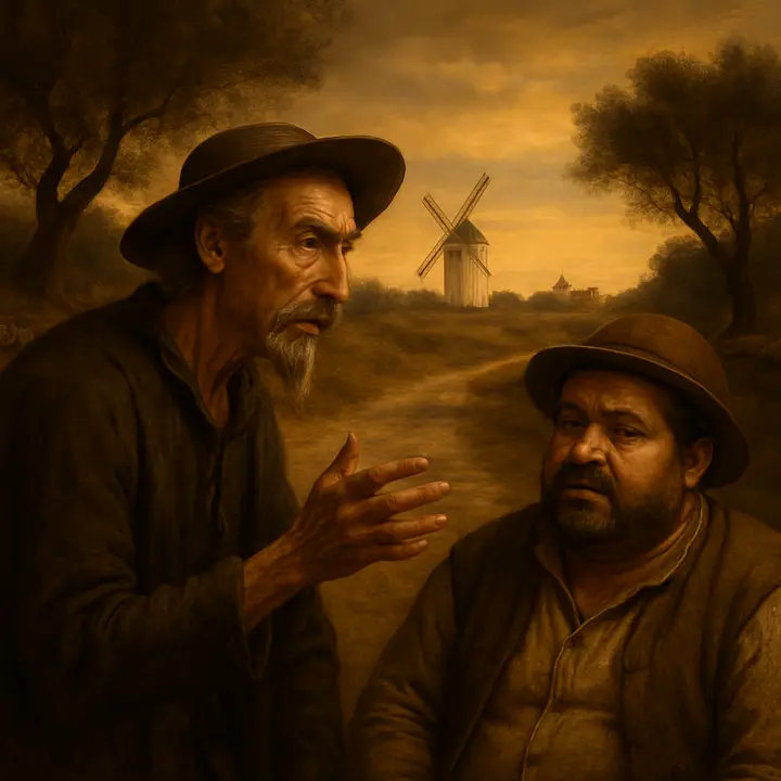 A veiled late-afternoon sky frames Don Quixote as he leans forward, voice animated, telling his two listeners the impossible tale. Sancho Panza sits beside him, half skeptical, half amused; the sun slants across dusty road and the listener’s faces, bathing the moment in muted gold. Capture the contrast between the knight's rapt expression and Sancho’s worldly bewilderment.
