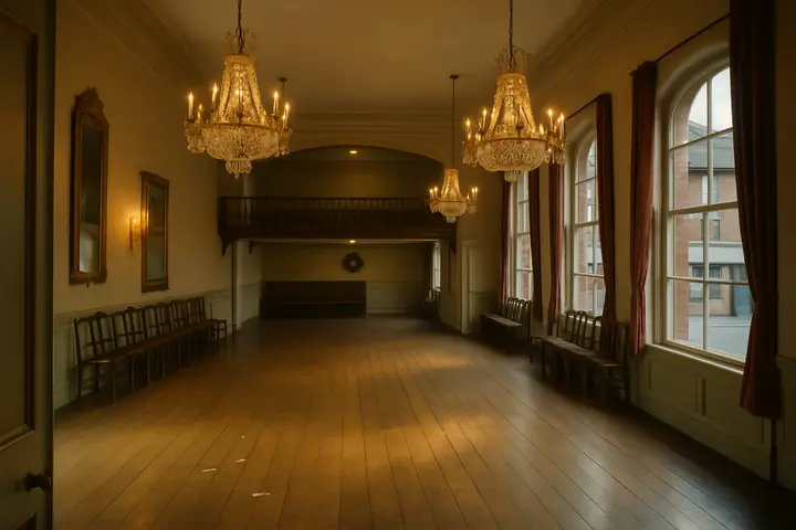 The high-ceilinged assembly room lies empty: polished floorboards run between ornate chandeliers and long wall mirrors, a raised musicians' gallery at one end and rows of chairs stacked against the walls. Faded ribbons and a few stray scraps of paper in cracks of the floor hint at last night's festivities while tall windows frame the quiet market street and shuttered shopfronts beyond. The space feels like the echo of revelry, poised between use and stillness.