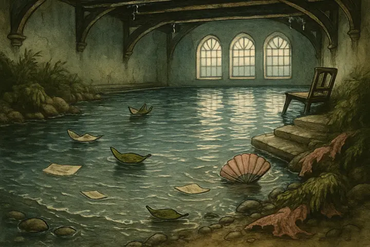 An indoor tidal pool fills the hall, its surface mottled with floating scraps of paper, a soggy fan and overturned chair legs; the water laps a makeshift shoreline of damp steps and a narrow, muddy spit. Reflections of arched windows and dripping rafters ripple across the expanse, while clumps of torn fabric and leaves cling to the banks like seaweed. The scene reads as a surreal, domestic seashore stranded beneath a roof.