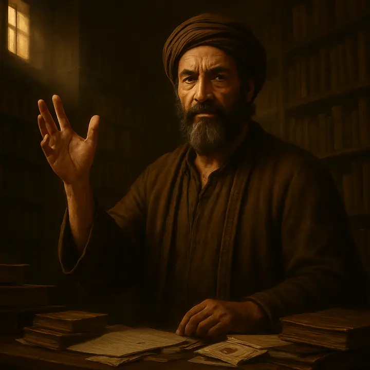 An elderly, one‑handed author stands amid a towering, disorderly library, thrusting his remaining hand toward the reader in a proud, conciliatory gesture; his forearm bears a pale, honorable scar and a stack of pamphlets and rough drafts spills from the table. Light from a high window slants across leather spines and scattered pages, catching the glint of a sealing wax and an ink‑stained handkerchief as he addresses an invisible audience about wounds, reputation, and books. The atmosphere balances weary dignity with quiet defiance.