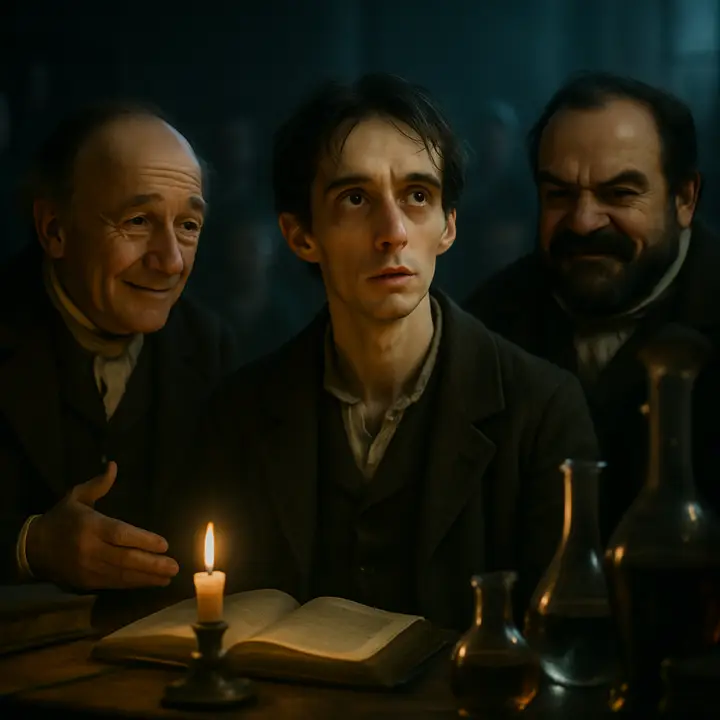 In an Ingolstadt lecture hall Victor sits wide-eyed among benches of students as the kindly M. Waldman leans forward, explaining chemistry with gentle enthusiasm while the sour-faced M. Krempe looks on with a sly, repulsive smile. Books, glassware and candles clutter the desk; Victor's expression is a mixture of hunger and awakening curiosity.