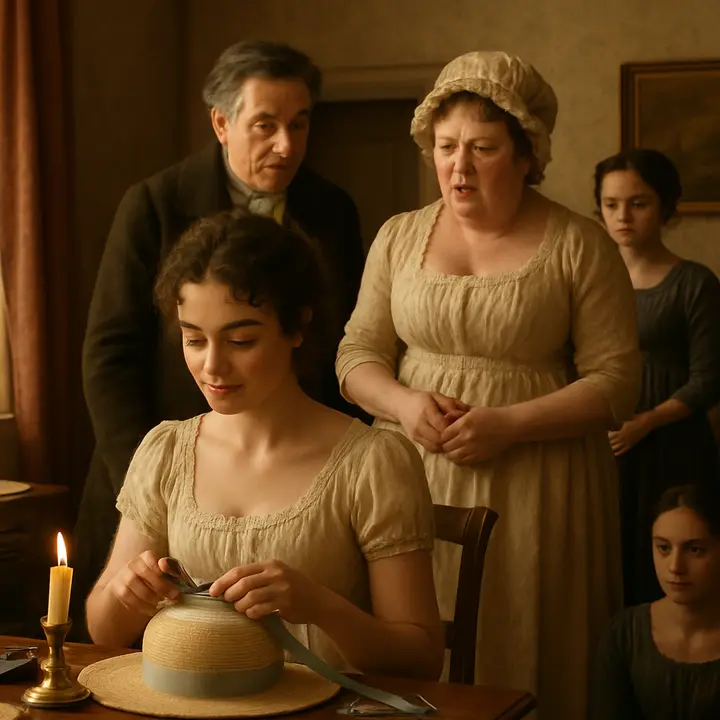 Elizabeth sits at a small dressing table, bent over a straw hat and trimming ribbons with calm concentration as her father suddenly leans in with a teasing remark about Mr. Bingley. Mrs. Bennet stands behind them, arms tight with resentment and impatient speech, while Kitty fumbles a cough in the background and Mary watches primly, unsettled. The domestic clutter of a Bennet drawing-room—keepsakes, sheet music, and a half-lit lamp—frames the intimate family sparring.