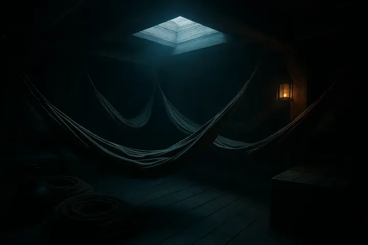 The forecastle is a compact cathedral of tarred wood: planks streaked with salt and pitch, hammocks strung in regular rows, and coils of rope and iron fittings stacked against bulkheads. A single shaft of pale daylight from the deck hatch slices across the space, picking out dust motes and the rough textures of canvas and rope.