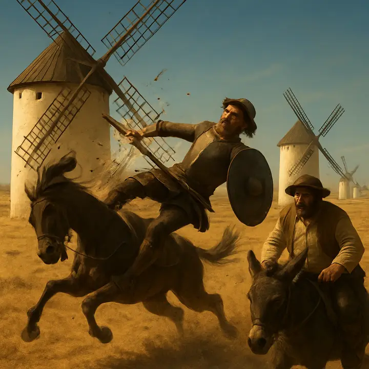 Don Quixote, lance couched and buckler raised, charges a ring of towering windmills whose long sails slice the sunlit air; one sail smashes his lance to splinters and sends horse and rider tumbling in a bruised, airborne heap while Sancho races up on his donkey to help. Dust, splinters and the vast machinery of the mills fill the frame, capturing the instant of comic tragedy.