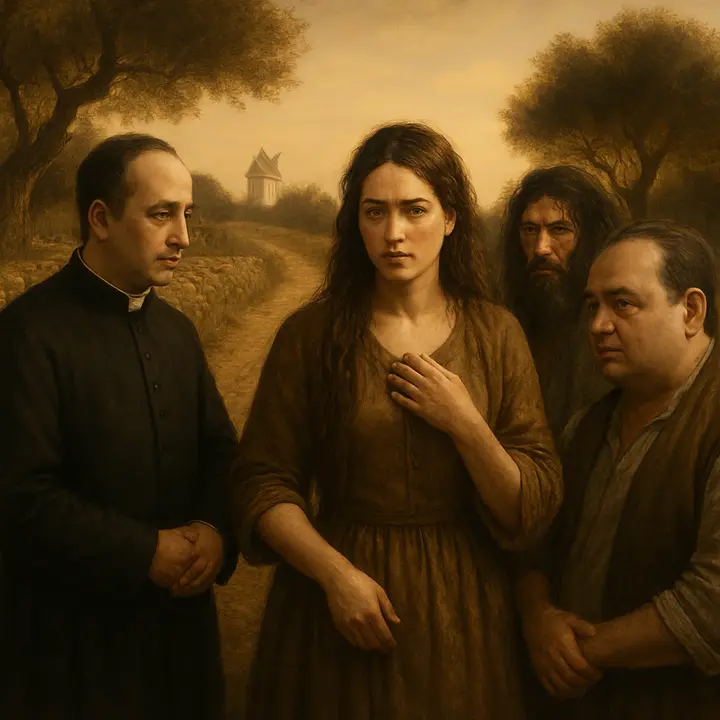 Steadying herself, Dorotea gathers her hair and wraps her feet, checking her tears with fierce composure; at last she promises to tell her story to preserve her honour. Her voice is reserved but intense as the three listeners lean in, rapt and silent, the brook murmuring beside them.