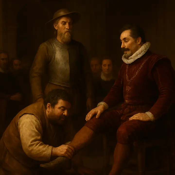 Sancho bursts into the hall, chest puffed with pride at the promise of an island; the duke theatrically names him governor. Sancho kneels and awkwardly kisses the duke's foot, while courtiers murmur and the priest reddens with mortification.