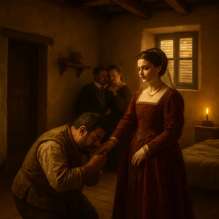 Sancho kisses the duchess’s hand and pleads that his ass Dapple be cared for as he is sent off to rest; as he shuffles away, the duchess and The Duke remain close together, whispering and exchanging mischievous looks about the grand practical joke they will play on Don Quixote. Servants bustle discreetly at the edges while the two nobles plot in knight-errant fashion, conspiratorial and delighted.