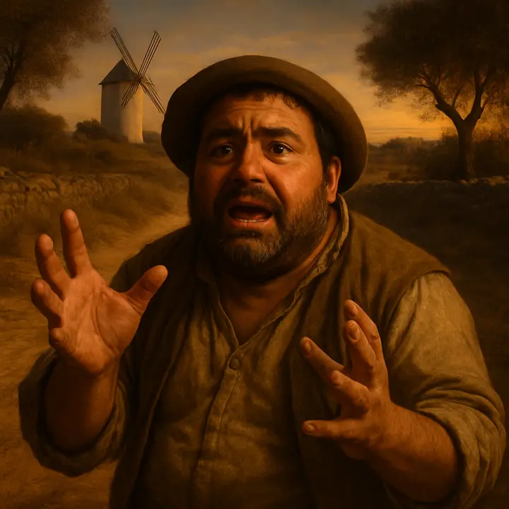 A ridiculous exchange between squires in the failing light: Sancho refuses to fight, protests about paying 'two pounds of wax', and imagines the blows that will split his head while the other plans to stuff bags with pebbles. Sancho gestures wildly, picturing cudgels and buffets, comic despair written across his face.