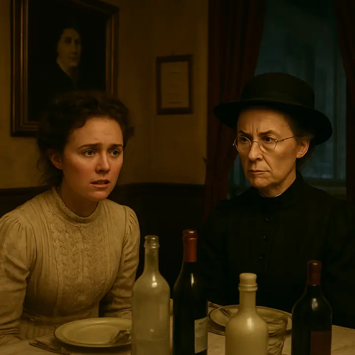 Lucy Honeychurch and Charlotte Bartlett sit exhausted at an oddly English pension dining table, complaining about the promised south rooms as heavy portraits and rows of water and wine bottles loom behind them. The Signora's Cockney accent and the cramped courtyard view through the window heighten their dismay. Capture the claustrophobic, comic discomfort of two genteel Englishwomen far from home.