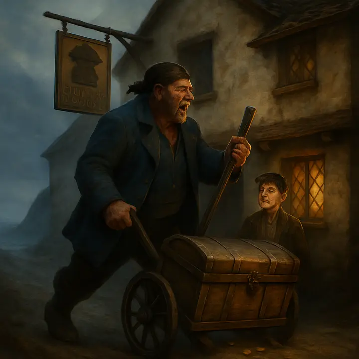 A tall, nut-brown seaman drags his great sea‑chest up to the inn doorstep, his tarry pigtail over a soiled blue coat and a livid sabre‑cut across his cheek. He raps on the door with a handspike, tosses gold pieces on the threshold and breaks into a cracked sea‑song as the sign creaks above and the cliff path winds away behind him.