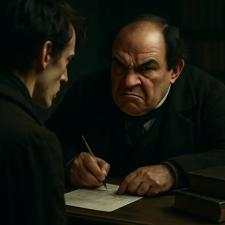 Inside the austere office of M. Krempe the professor leans forward, eyes sharp and contemptuous, as he lectures Victor Frankenstein—dismissive of the alchemists’ names Victor reveres. Victor, flushed with embarrassment and defiance, recoils as Krempe scribbles down a new list of modern books and brusquely dismisses him.