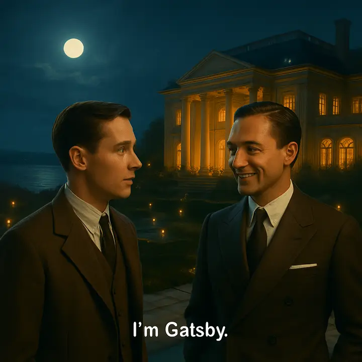 On the marble steps by the moonlit Sound Nick meets a tanned, impeccably composed man who offers a disarming, extraordinary smile and introduces himself simply: 'I’m Gatsby.' The moment is intimate and almost cinematic amid the surrounding chaos of the party.