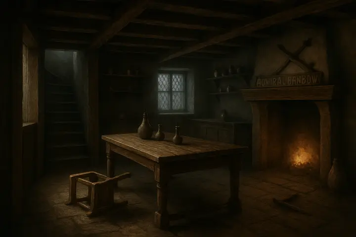 A dim, wood‑panelled parlour with the hearth banked low and a heavy table amid toppled chairs; a dark smear stains the floor where a struggle took place. A basin and lancet rest on a sideboard beside a sweating flagon, while narrow shafts of pale January sun cut through the leaded windows and dust.