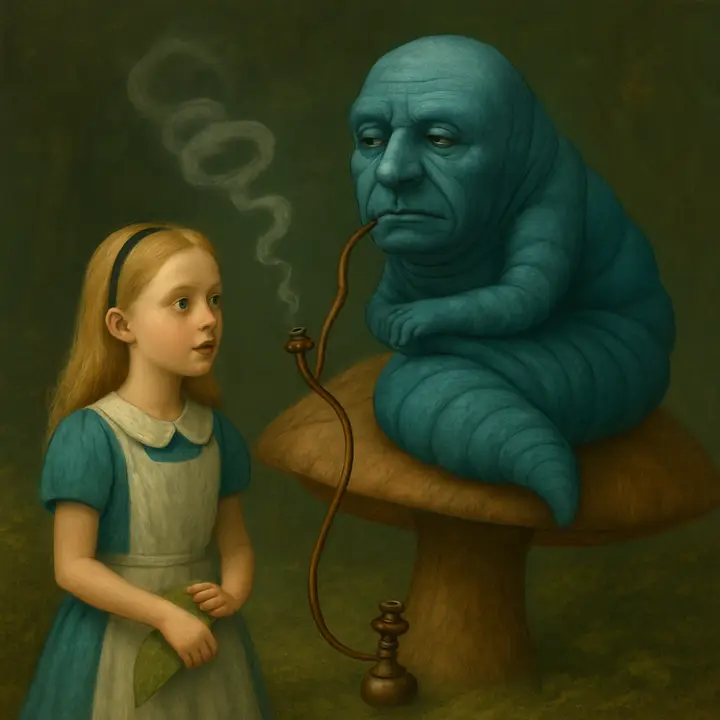 In a quiet clearing a large blue Caterpillar reclines atop a towering mushroom, arms folded and lazily blowing smoke rings from a long hookah while regarding Alice with bored amusement. Alice, much smaller now, stands beside the mushroom clutching a leaf, caught between wonder and unease as the surreal smoke curls around them.