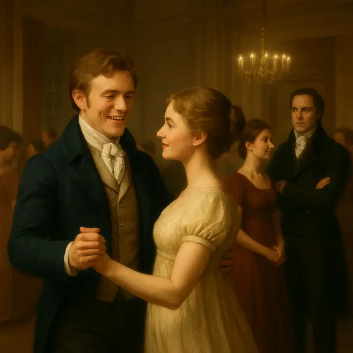 The crowded Meryton assembly: Mr. Bingley animatedly dances with Jane Bennet at the center of the floor, laughing and utterly engaged, while in the shadowed edge of the room Mr. Darcy stands aloof and upright, arms folded, watching with a cool, disapproving gaze. Nearby Mrs. Hurst and Caroline Bingley exchange polished comments and measured smiles—movement, music, and warmth focused around Bingley and Jane, rigid reserve embodied by Darcy.