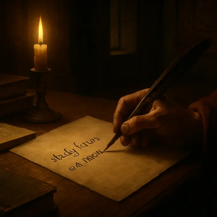 A dim private study where a weary father composes a careful letter by candlelight: his hand pauses over the page on which the words 'study letters and music' are visible, while books, a quill, and a modest music score lie scattered nearby. The intimate scene captures the sober, paternal insistence on education and self-improvement after youthful excess.