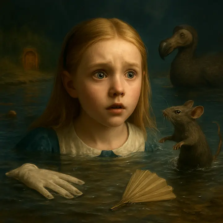 Alice, now about two feet tall, splashes up to her chin in a glittering pool of her own tears; her hair plastered, eyes wide with panic as a white glove and a paper fan drift by. A small grey Mouse leaps and quivers out of the water nearby, tail trembling, while a stout Dodo paddles in the background among other indistinct floating creatures; the tiny garden door gleams on the distant shoreline. The composition conveys the absurd scale reversal and frantic, soggy chaos of the moment.